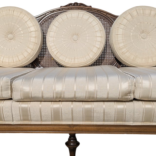 Late 20th Century Late 20th Century French Provincial Cane Back Sofa With Striped Upholstery For Sale - Image 5 of 18