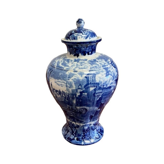 A Charming Small Blue and White Wedgwood Ferrara Lidded Jar, Featuring Ships in a Harbor and Floral Design Around Base and...