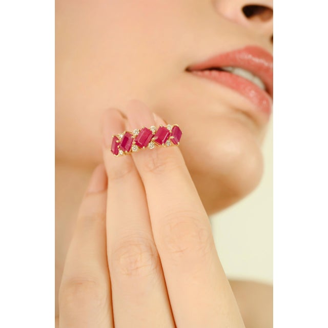 Ruby Red 14k Gold Octagon Cut Five Stone Ruby Diamond Cluster Ring Size 6.5 For Sale - Image 8 of 11