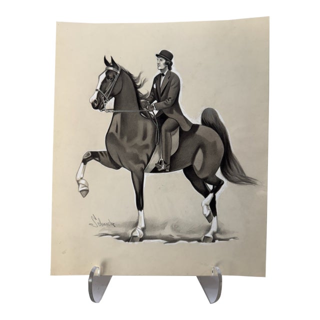 1940s Original Signed Graphite Illustration of Saddle Horse With Rider, 11 X 9½ In. For Sale