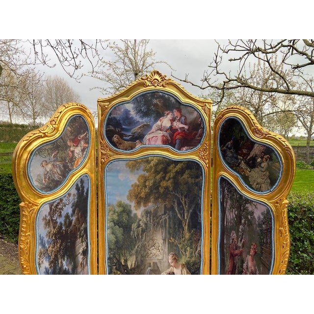 Late 20thC French Louis XVI Gold Beech Room Divider Screen - 3 Panels For Sale - Image 13 of 18