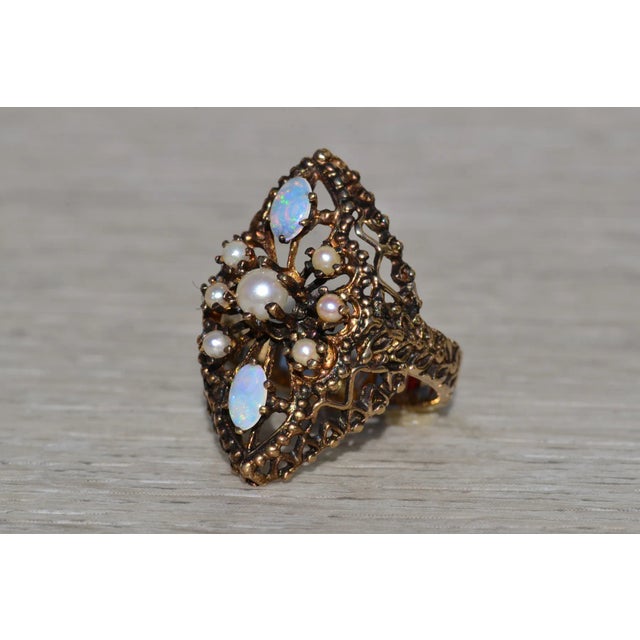 Mid 20th Century Ladies Brutalist Opal and Pearl Navette Shaped Ring in 14K Gold For Sale - Image 5 of 11