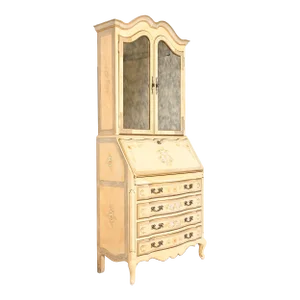 Maddox French Provincial Louis XV Hand Painted Secretary Desk With Mirrored Bookcase Hutch Top