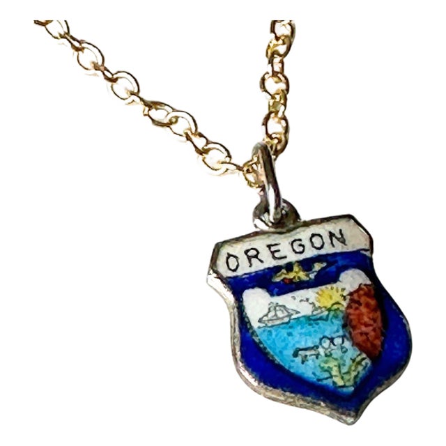 Oregon Vintage Fritz Reu Sterling Silver Enamel Charm on New 18 Inch Gold Filled Necklace For Sale