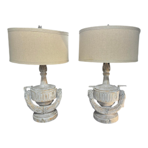 1980s Pair of Bliss Studio Carved Urn Lamps – Distressed White Finish