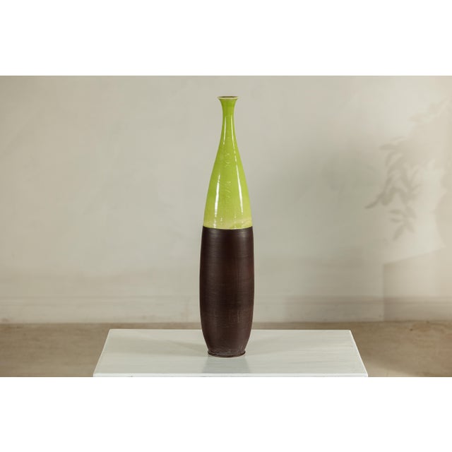 Tall Artisan Ceramic Vase with Glossy Green and Matte Brown Glaze For Sale - Image 16 of 18