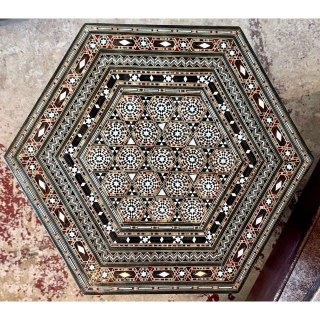Vintage Marquetry Wood Inlay & Mother-of-Pearl Hexagonal Side Table For Sale In Los Angeles - Image 6 of 8