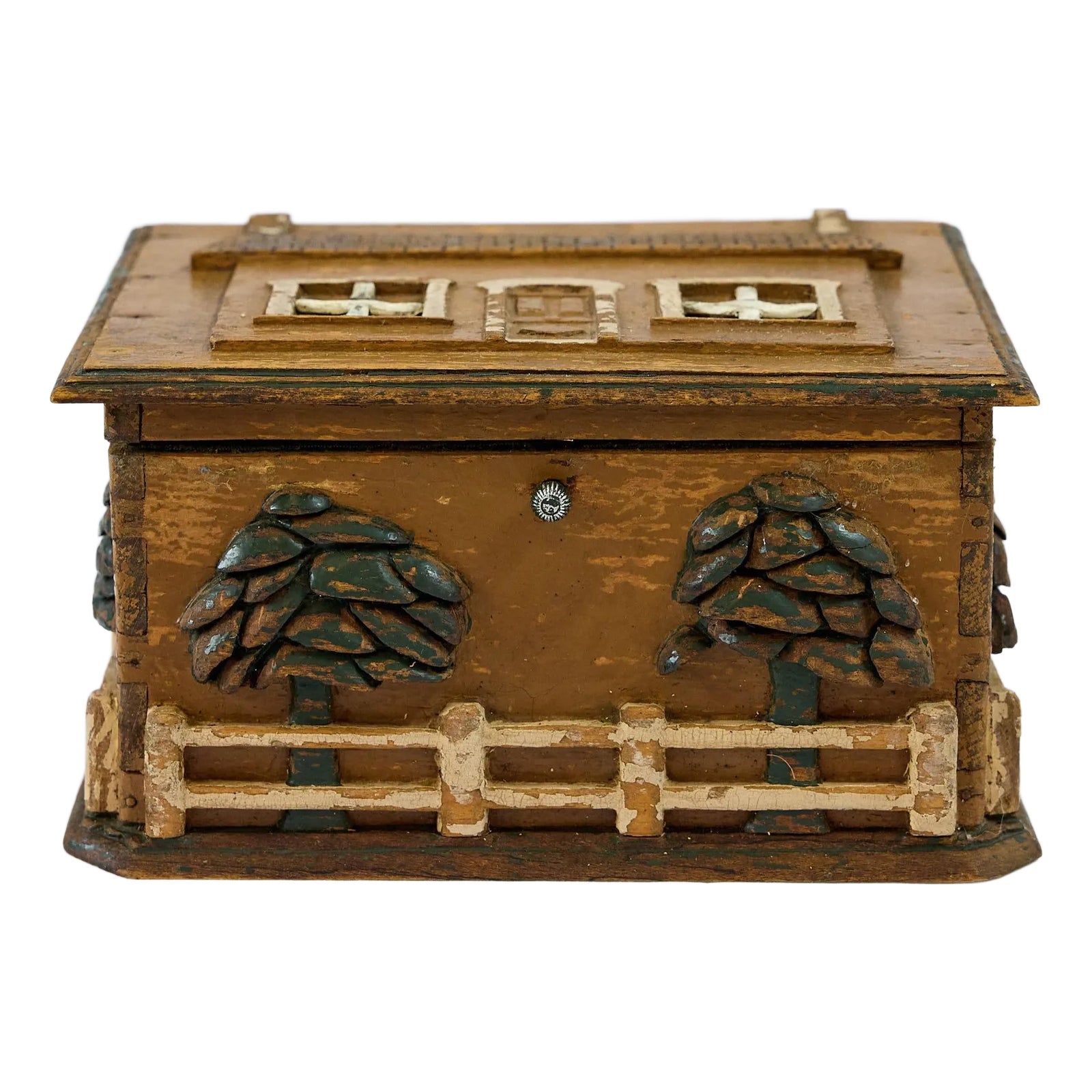 Antique Folk Art Box With Carved and Painted Cottage Scenes | Chairish