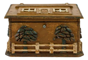 Antique Folk Art Box With Carved and Painted Cottage Scenes