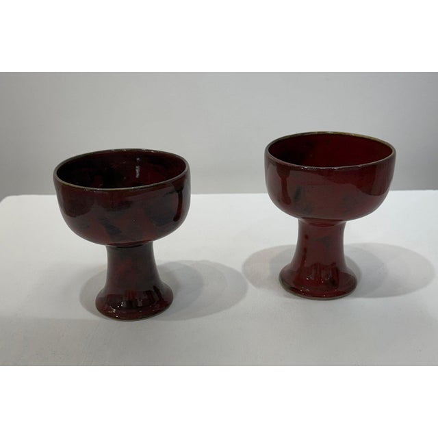 Late 20th Century Mid Century Modern Hand-Thrown Ceramic Pedestal Teacups — Artist Regis Brodie - a Pair For Sale - Image 14 of 15