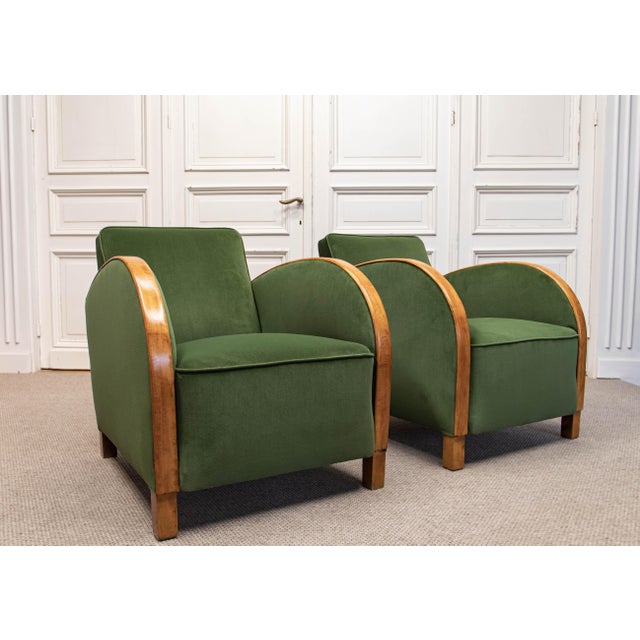 Green Vintage Green Velvet Lounge Chairs with Wooden Arm Overlays, Sweden, 1930, Set of 2 For Sale - Image 8 of 15