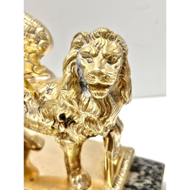 Vintage Brass Winged Lion Sculpture on Marble Base For Sale - Image 9 of 12