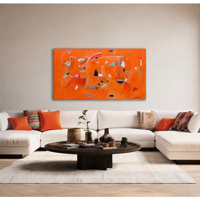 California artist (American b. 1948) Kenneth Joaquin painted this mid-century style painting predominantly in orange in...