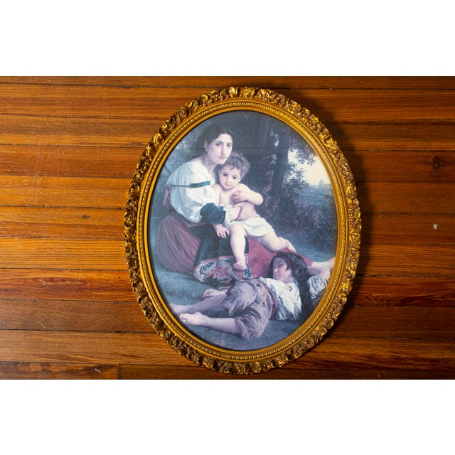Vintage French Victorian Style Bouguereau Art Print in Ornate Oval Gilt Frame For Sale - Image 6 of 6