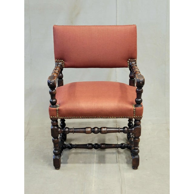 Terra Cotta Antique European Renaissance Revival Chairs With Terracotta Linen Upholstery - A Pair For Sale - Image 8 of 14