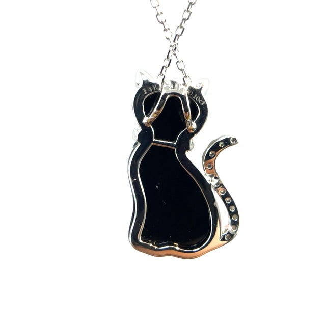 14k White Gold Black Onyx & Diamond Cat Pendant Necklace For Sale - Image 4 of 9