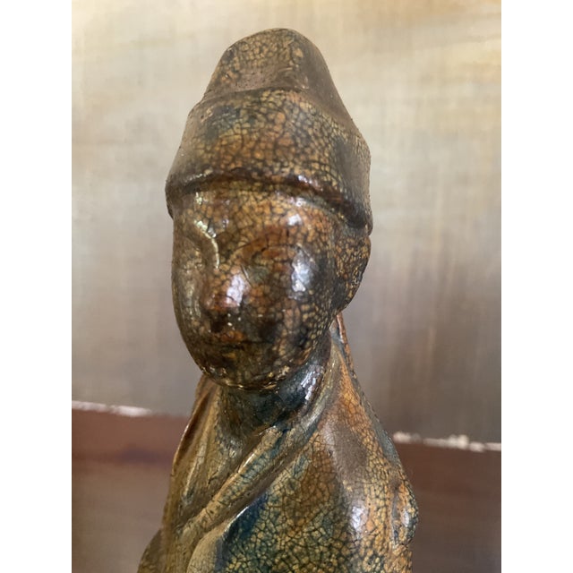 Pair of Vintage/Antique Ceramic Asian Scholar Figures on Pedestal Bases Set of 2 For Sale - Image 16 of 18