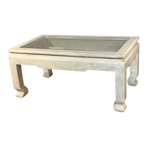 Off White Lacquered Textured Grasscloth Glass Top Coffee Table, Mid Century Modern