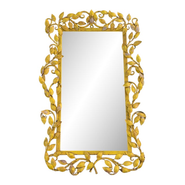 Mid Century Yellow Italian Tole Leaf Mirror For Sale