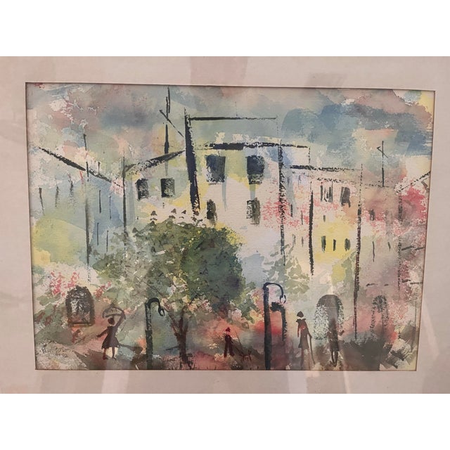 A striking original watercolor by Pearl Gordon, signed and dated 1982, featuring an expressive architectural cityscape...