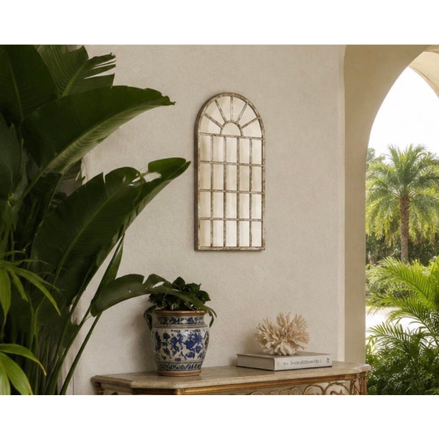 Vintage Arched Iron Windowpane Wall Mirror – White-Washed Gray For Sale - Image 9 of 12