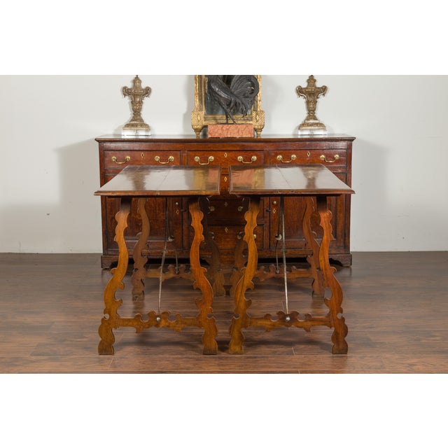 Wood Pair of Spanish Baroque Style 1880s Walnut Console Tables with Iron Stretchers For Sale - Image 7 of 12