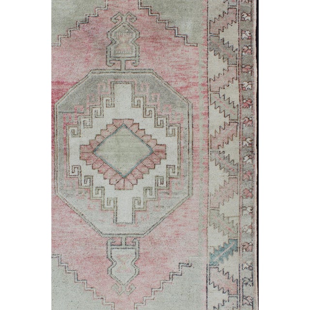 Ivory Pink, Light Green, and Ivory Vintage Rug With Flower Medallion Pattern For Sale - Image 8 of 11