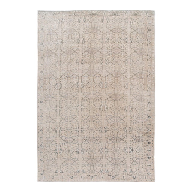 Vintage Turkish Handmade Beige Geometric Wool Rug For Sale