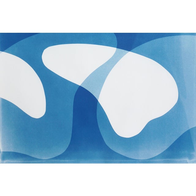 2025, Abstract Modern Shapes, Large Triptych in Blue Tones, Blue Floating Mobile, Unique Cyanotype Monotype on Watercolor Paper For Sale - Image 9 of 11