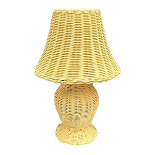 1970s Small Yellow Wicker Lamp With Wicker Shade For Sale