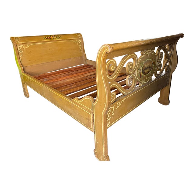 Vintage Hand-Painted Country Provincial Wooden Bed Frame For Sale