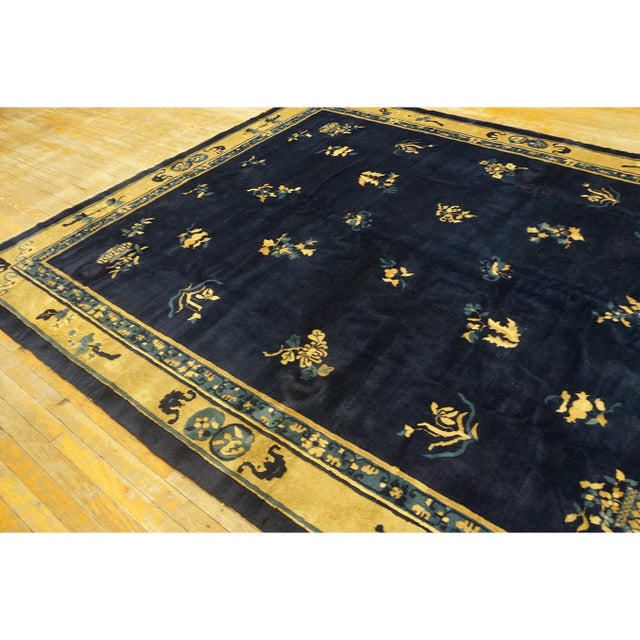 Chinese 1930s Navy Floral Deco Antique Chinese Peking Knotted Wool Rug 8'2" X 9'8" For Sale - Image 3 of 12