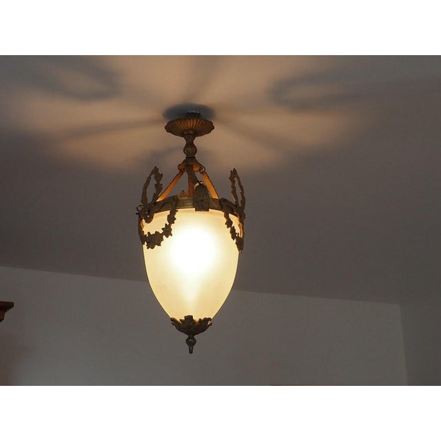 Metal Antique French Louis XVI Style Glass and Bronze Pendant Lamp, 1890s For Sale - Image 7 of 15