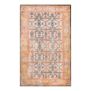 1920s Ivory Taupe Orange Antique N. Indian Agra Cotton Carpet 4'6" X 7'4" Geometric Rug For Sale