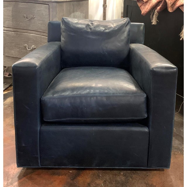 Lee Industries Sacket Marlin Blue Leather Swivel Glider Arm Chair