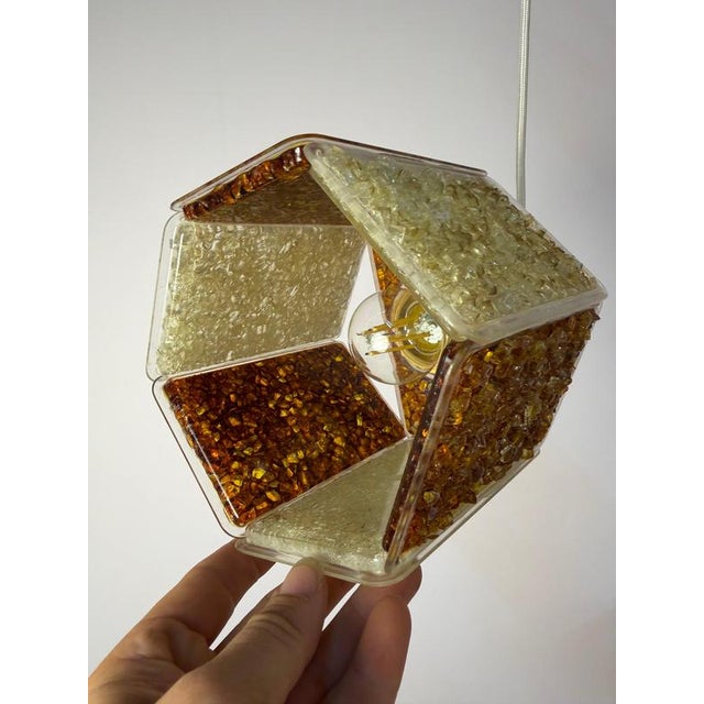Hexagon Pendant Lamp in Brown and White Acrylic Glass with Granite Look by Roland Konst For Sale - Image 4 of 11