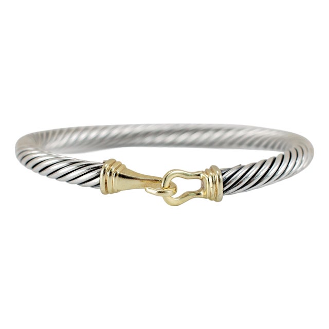 David Yurman 925 Silver 14k Yellow Gold Buckle Classic Cable Bangle Bracelet For Sale