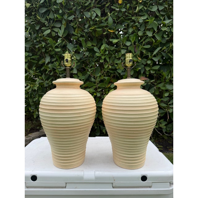 Contemporary Vintage Ribbed Ceramic Table Lamps – Pair For Sale - Image 3 of 12