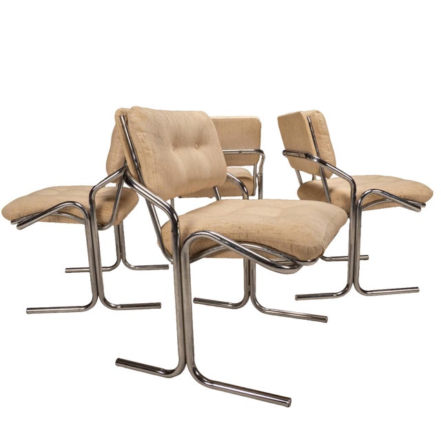 Postmodern 1970s Attributed to Jerry Johnson Arcadia Cantilever Tubular Dining Chairs, Set of 4 – Chrome Retro Modern For Sale - Image 3 of 16