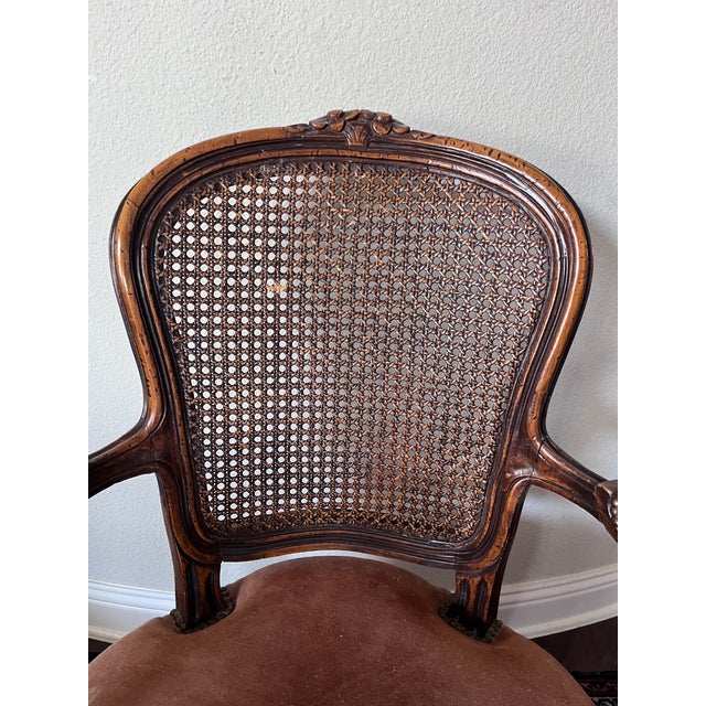 Vintage Chateau d'Ax French Provincial Louis XV Fauteuil Armchair Suede Leather, Cane Back, Wernermeier Industries Inc For Sale - Image 12 of 12