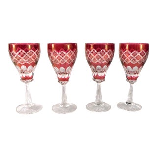 1950s Set of Four Unmarked Pink Cut to Clear Stemware Glasses For Sale