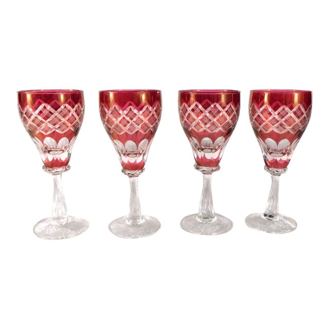 1950s Set of Four Unmarked Pink Cut to Clear Stemware Glasses For Sale