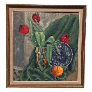 J. Essen Loarp, Still Life with Tulips, 1957, Oil on Panel, Framed For Sale