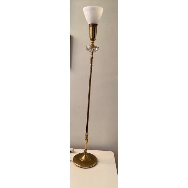 Vintage Torchiere Brass Floor Lamp With Milk Glass Shade For Sale - Image 11 of 16