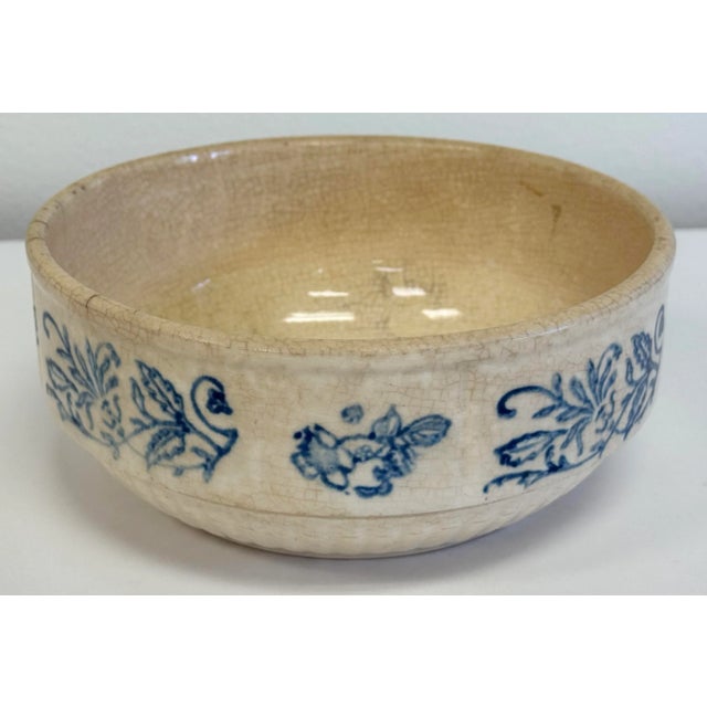 Farmhouse Antique Primitive Stoneware Crock Bowl With Floral Design For Sale - Image 3 of 8