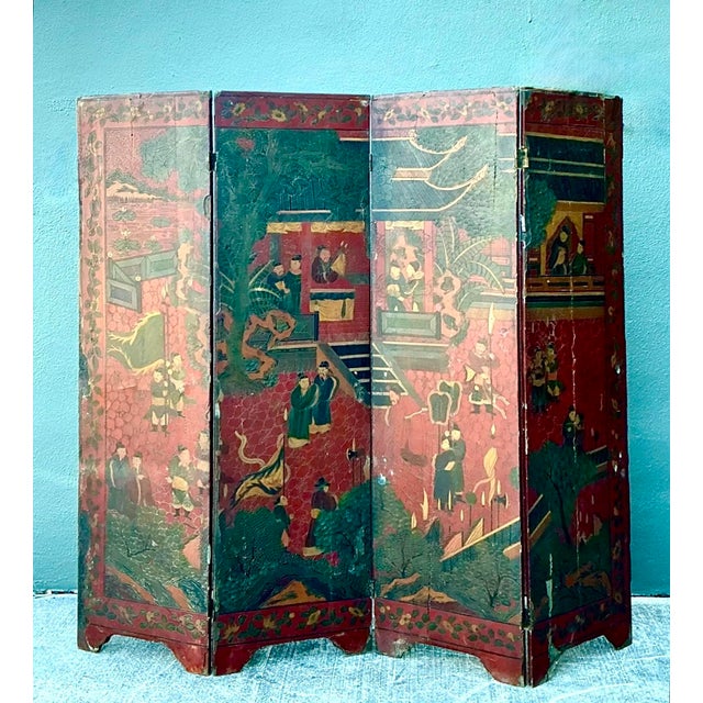 Vintage Asian Chinoiserie Four Panel Screen For Sale - Image 11 of 12