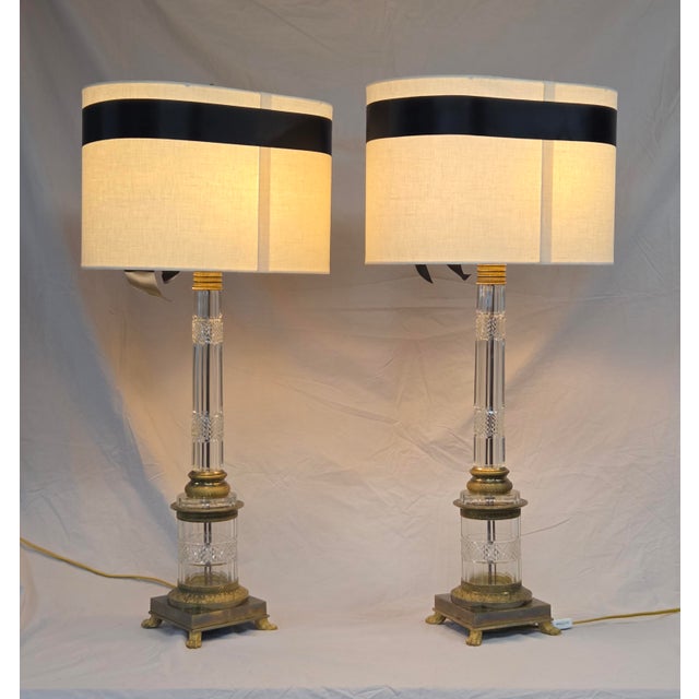 Vintage Crystal and Brass Column Table Lamps - Style of William Kessler Baccarat For Sale - Image 13 of 17