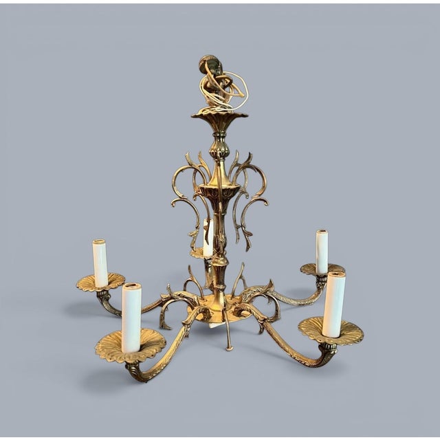 Vintage Hollywood Regency Brass Chandelier 5 Light-Gothic Spanish Revival-as Is For Sale - Image 4 of 11