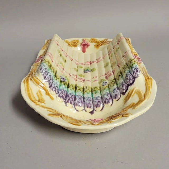English Circa 1900 French Majolica Asparagus Server With Hand-Painted Cradle & Floral Rim For Sale - Image 3 of 11