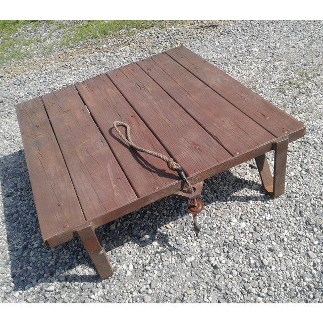 Vintage Primitive Industrial Small Garden Cart Platform Table, Rustic Wood & Iron Coffee Table For Sale In Cleveland - Image 6 of 10